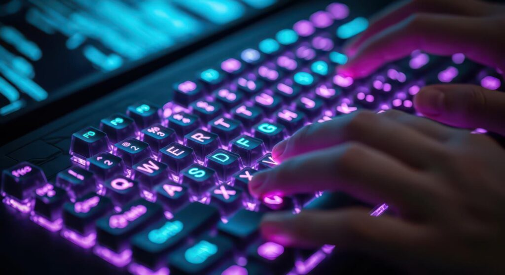 Gros plan sur un clavier mécanique RGB utilisé pour le gaming et les compétitions esport sur PC.