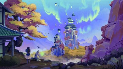 Concept art de forêt mystérieuse baignée de lumière dorée Illustration numérique d’une forêt dense et immersive avec rayons de soleil, végétation sauvage et ambiance fantasy inspirée des jeux vidéo et films d’animation.