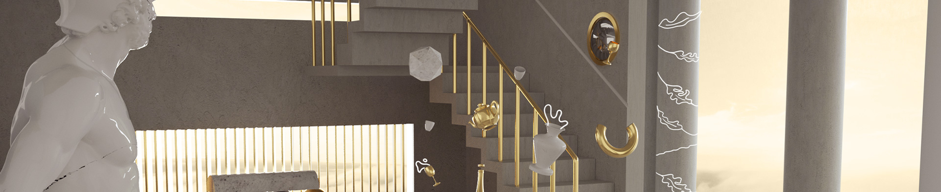 salon en 3D avec des objets en mouvement en motion design
