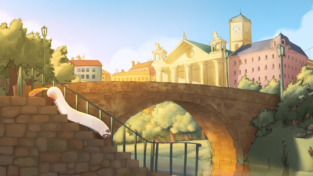 Aventurier marchant sur des rochers au bord d’une rivière tropicale dans un environnement d’animation 2D détaillé.
