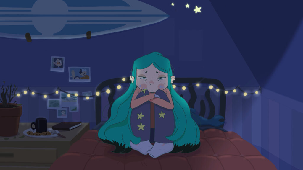 Jeune fille mélancolique assise sur son lit dans une chambre éclairée par des guirlandes lumineuses en animation 2D.