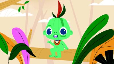 Personnage cartoon vert dans une jungle illustrée pour une animation jeunesse en motion design 2D.