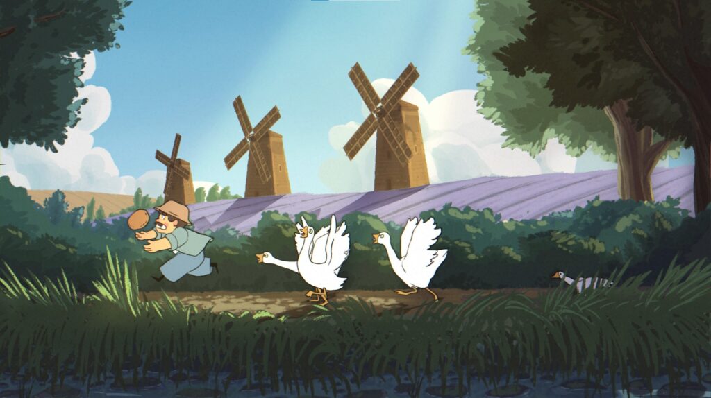 Homme courant après des oies dans une campagne illustrée avec moulins à vent et champs colorés en style animation traditionnelle.