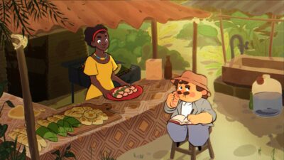 Scène de cuisine en extérieur dans un village tropical avec personnages préparant des plats dans un univers d’animation chaleureux.