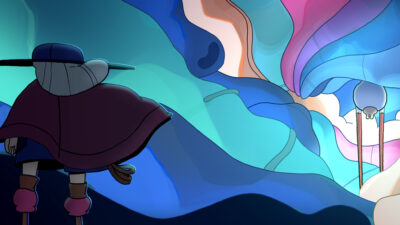 Voyageur observant un paysage imaginaire aux formes abstraites et couleurs pastel dans une scène d’animation onirique.
