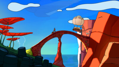 Personnage traversant un pont rouge près d’un dirigeable dans un décor fantastique inspiré du film d’animation et du jeu vidéo.