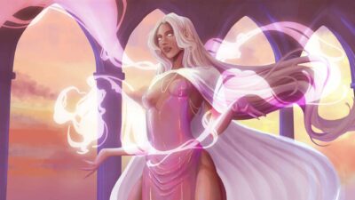 Illustration fantasy d’une femme tenant un crâne dans une ambiance mystique Portrait stylisé d’un personnage féminin drapé de voiles violets et bijoux dorés, dans une composition inspirée des arts mystiques et du manga.