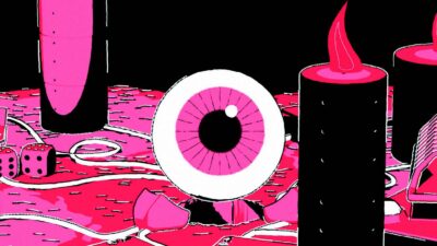 Univers graphique rose et noir avec œil géant et objets stylisés dans une création motion design expérimentale.