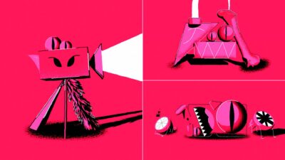 Créatures fantastiques roses et noires illustrées dans une animation motion design à l’esthétique pop et surréaliste.