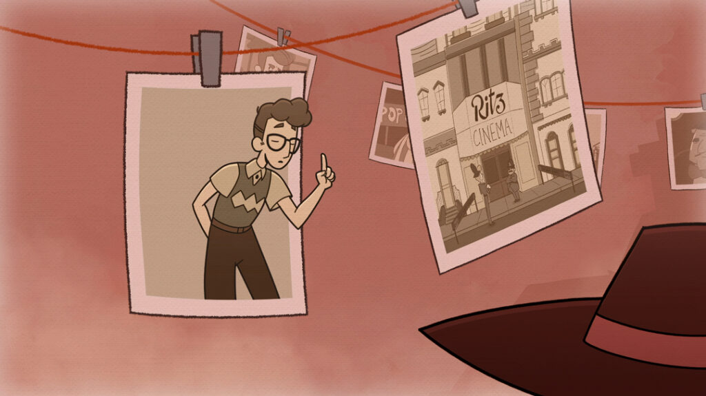 Photos suspendues représentant un jeune homme et un cinéma dans une scène d’animation rétro aux tons sépia.