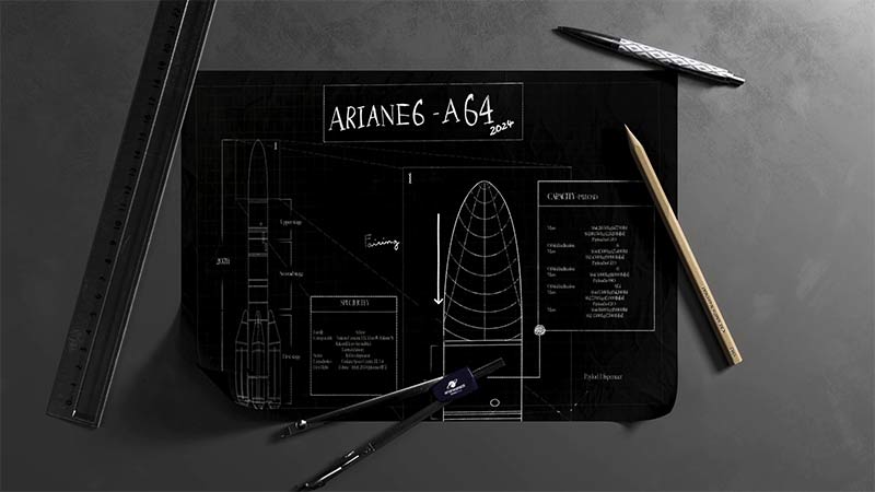 Plan de conception technique d’Ariane 6 posé sur une table avec outils de dessin.