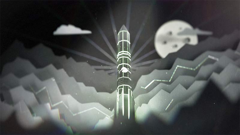 Illustration animée en noir et blanc d’une fusée Ariane dans un ciel nocturne stylisé.