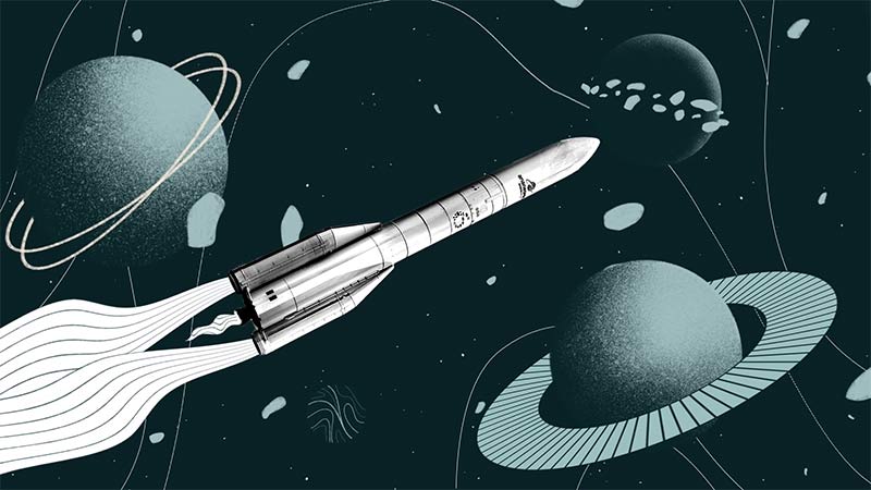 Illustration stylisée d’une fusée en route dans l’espace, entourée de planètes