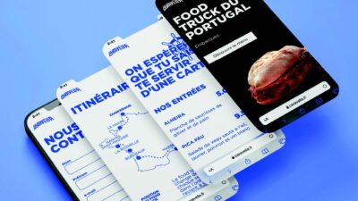 Série de smartphones affichant une interface mobile de food truck portugais avec navigation, carte interactive et visuels culinaires modernes.