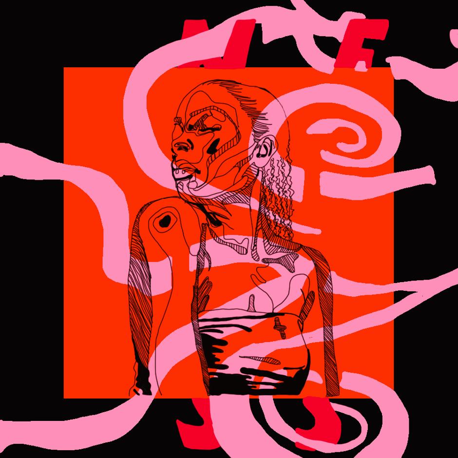 Illustration contemporaine abstraite d’un personnage féminin avec lignes organiques roses et fond rouge vif.