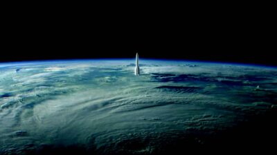 Vue spatiale de la Terre avec fusée au-dessus de l’atmosphère dans une animation motion design inspirée de la science-fiction. (partenariat Ariane Group x e-artsup)