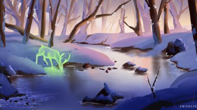 Paysage enneigé illustré dans un univers fantastique
