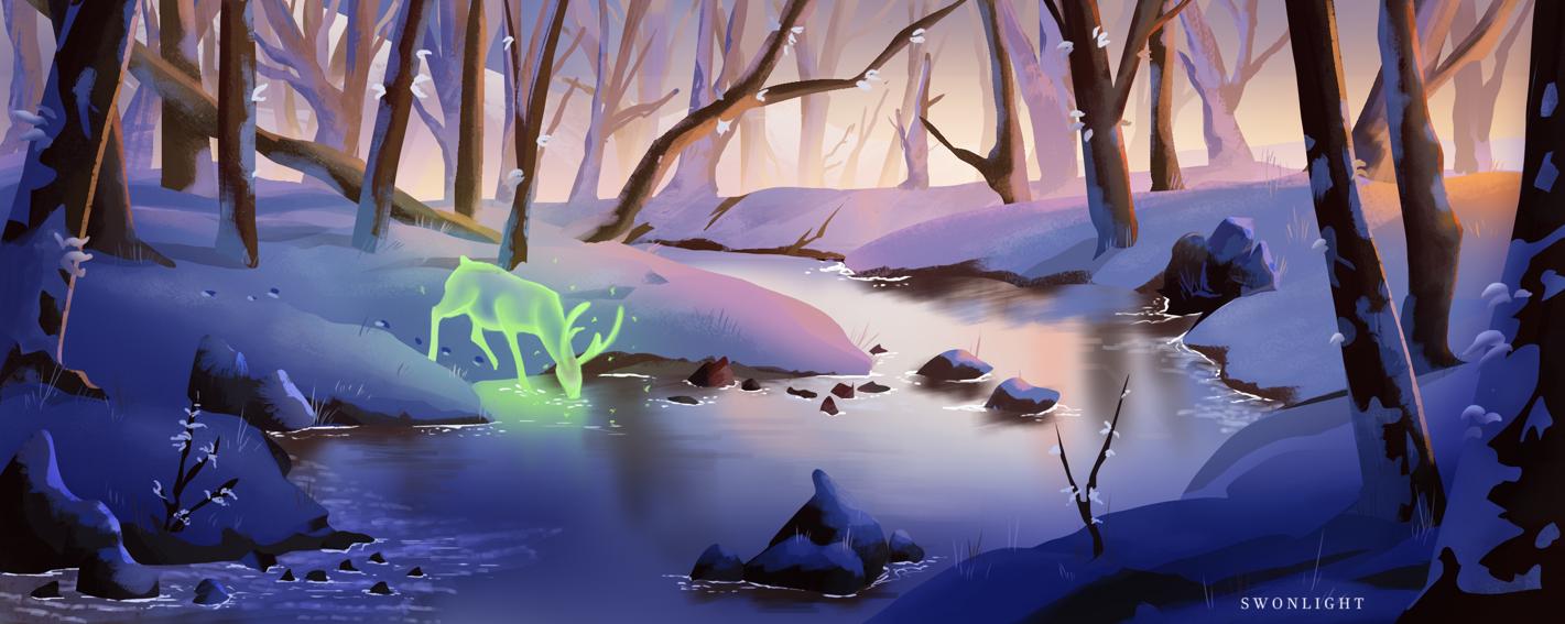 Paysage enneigé illustré dans un univers fantastique