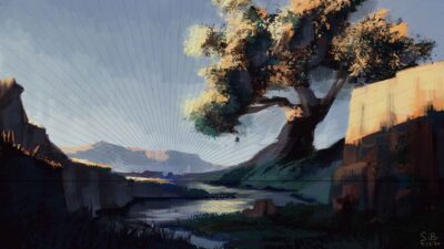 Concept art d'un arbre majestueux dans un paysage fantastique