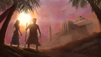 Voyageur explorant une cité au coucher du soleil