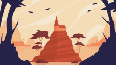 Paysage illustré minimaliste représentant une île rocheuse surmontée d’une tour rouge, entourée d’arbres stylisés et encadrée par une forêt sombre.