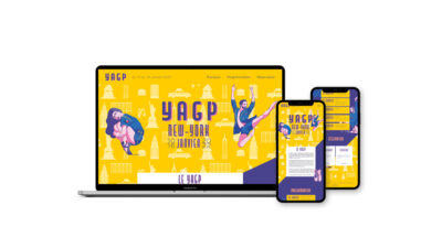 Mockup responsive d’un site événementiel YAGP New York affiché sur ordinateur portable et smartphones avec design jaune et violet dynamique.