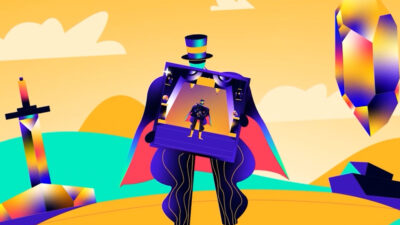 Personnage fantastique coloré tenant un cadre montrant son propre portrait, entouré de cristaux flottants et d’éléments surréalistes.