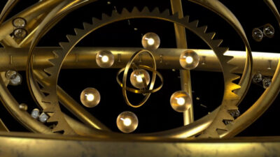 Animation abstraite de mécanismes dorés composés d’engrenages circulaires et de sphères lumineuses dans un univers sombre et métallique.