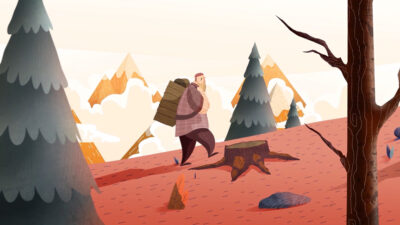 Illustration d’un voyageur barbu portant un fagot de bois, marchant dans un paysage montagneux stylisé aux couleurs automnales.