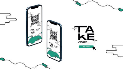 Deux smartphones affichant des billets numériques avec QR codes pour un événement “Take Away” dans une interface minimaliste noir, blanc et turquoise.