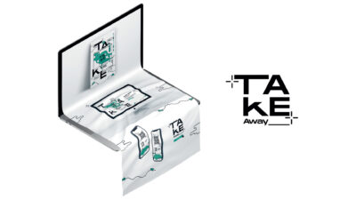 Ordinateur portable présentant des supports de communication “Take Away” avec billets imprimés et identité visuelle minimaliste.