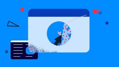 Illustration graphique bleue représentant une interface numérique avec curseur noir, globe terrestre partiel et éléments abstraits rouges et bleus.