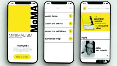 Trois smartphones présentant une application d’exposition minimaliste avec audioguide, catalogue et navigation jaune, noir et blanc.