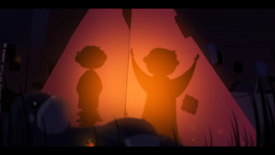 Silhouettes d’enfants projetées sur un drap éclairé comme un théâtre d’ombres dans une scène poétique de court-métrage d’animation.