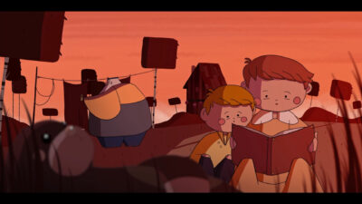 Deux enfants lisant un livre dans un univers stylisé aux couleurs orangées et surréalistes, inspiré du film d’animation jeunesse.