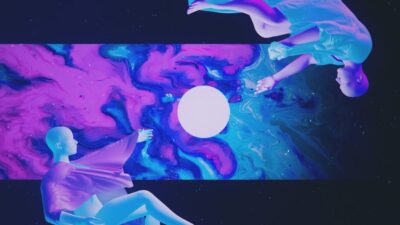 Illustration numérique surréaliste de deux personnages flottant dans un univers cosmique aux couleurs violettes, bleues et roses autour d'une sphère lumineuse.