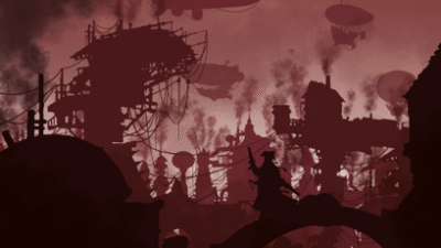 Silhouettes dans un paysage de guerre