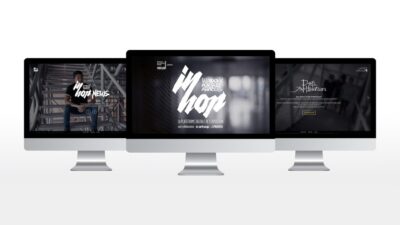 Trois écrans d’ordinateur présentant différentes interfaces web culturelles et événementielles au design sombre et immersif.