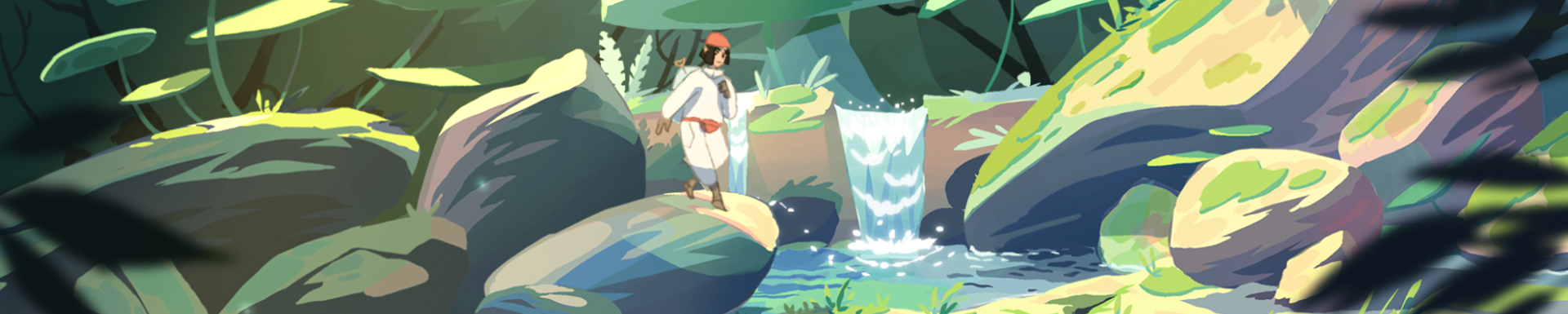 Aventurier marchant sur des rochers au bord d’une rivière tropicale dans un environnement d’animation 2D détaillé.