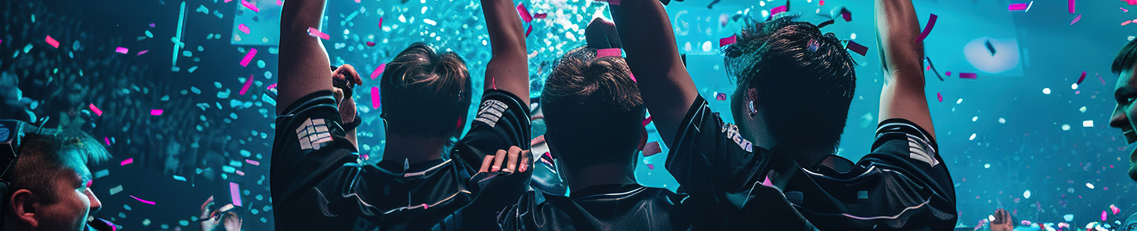 Équipe esport célébrant sa victoire devant le public lors d’une finale de compétition gaming.
