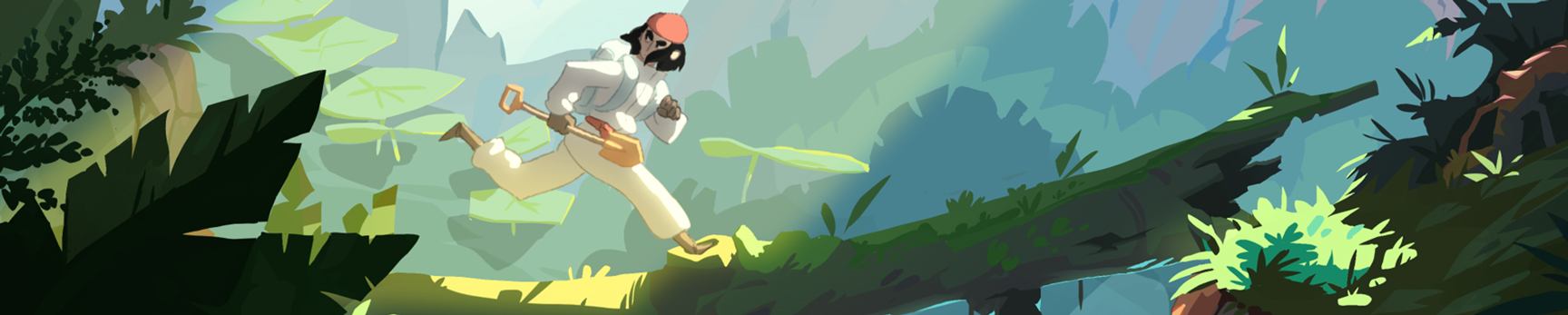 Aventurier marchant sur des rochers au bord d’une rivière tropicale dans un environnement d’animation 2D détaillé.