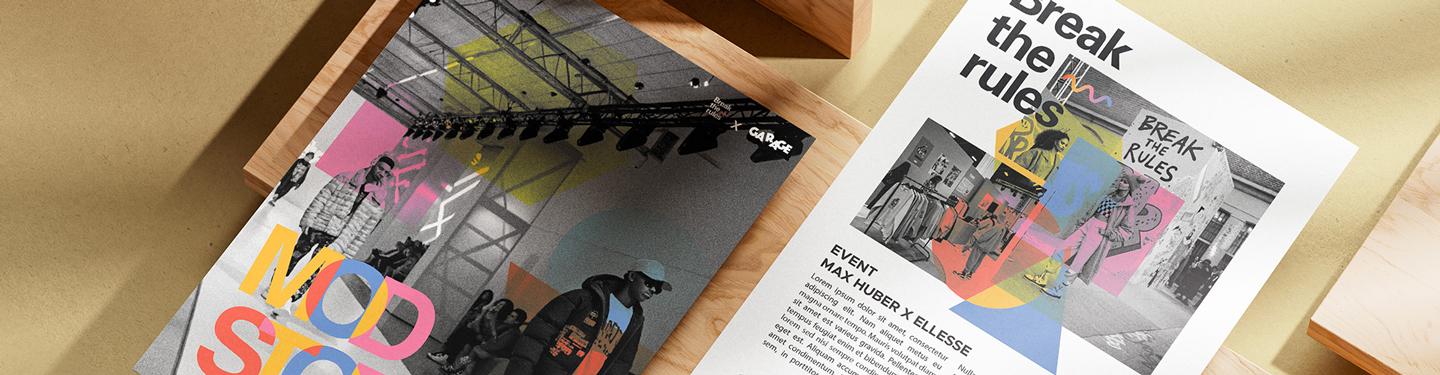 Flyers Break the rules avec des images colorées et collages