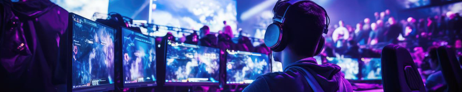 Joueur esport participant à une compétition gaming dans une grande arena avec écrans géants et public.