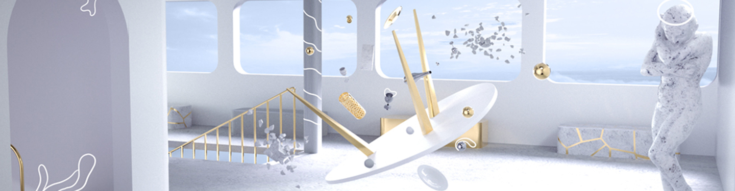 Composition en motion design représentant un espace futuriste minimaliste avec sculptures, formes flottantes et éléments géométriques en suspension.