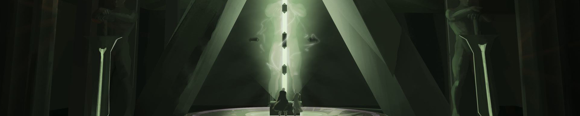 Illustration de deux personnages devant un coffre qui émet un faisceau de lumière verte