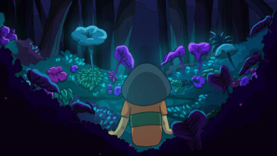Petit personnage explorant une forêt nocturne remplie de plantes et champignons lumineux dans un décor d’animation fantastique coloré.