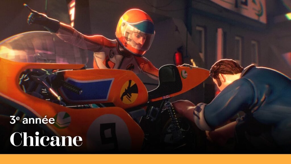 Miniature d'un court-métrage d'animation Chicane, un motard et un mécanicien devant une moto