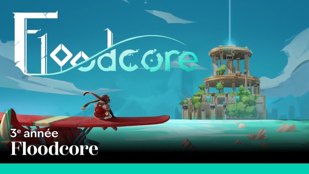Miniature de trailer du jeu vidéo Floodcore, un explorateur sur un hydravion vole en direction d'un temple ancien au milieu de l'eau