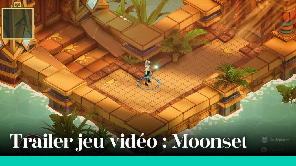 Miniature de trailer du jeu vidéo Moonset, un personnage au centre au bord de l'eau dans un temple