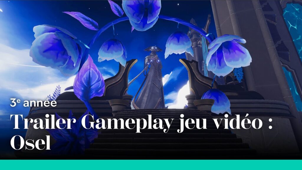 Miniature de trailer gameplay du jeu vidéo Osel avec décor fantastique bleu et personnage central.